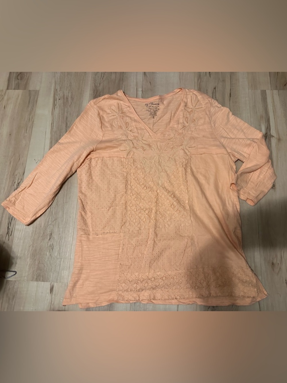 Chico's Peach Lace & Embroidered V-Neck Patchwork Top with Beading